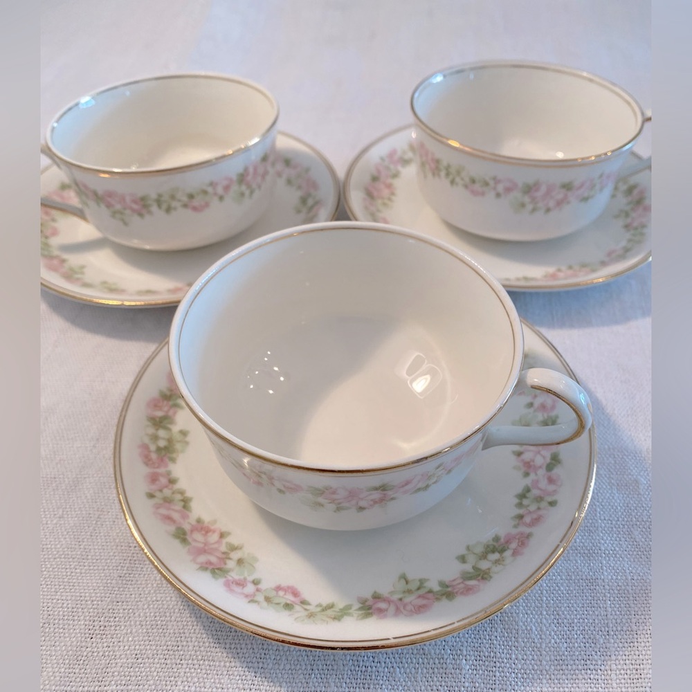 3 sets vintage teacup & saucer - Pope & Gosser China pink & green flowers USA
